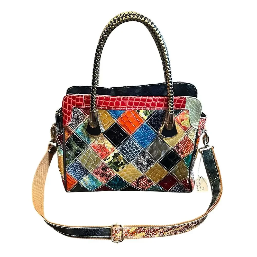 Vintage Leather Snake Blocks Patchwork Handbag Satchel Tote Shoulder Bag